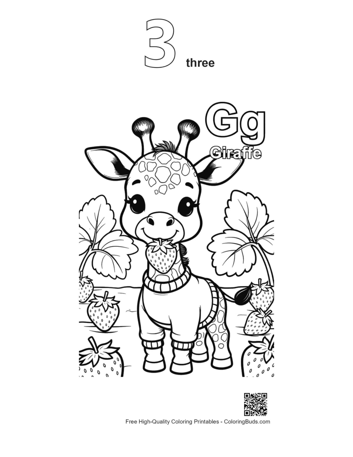 Outline 3 giraffe with strawberries printable