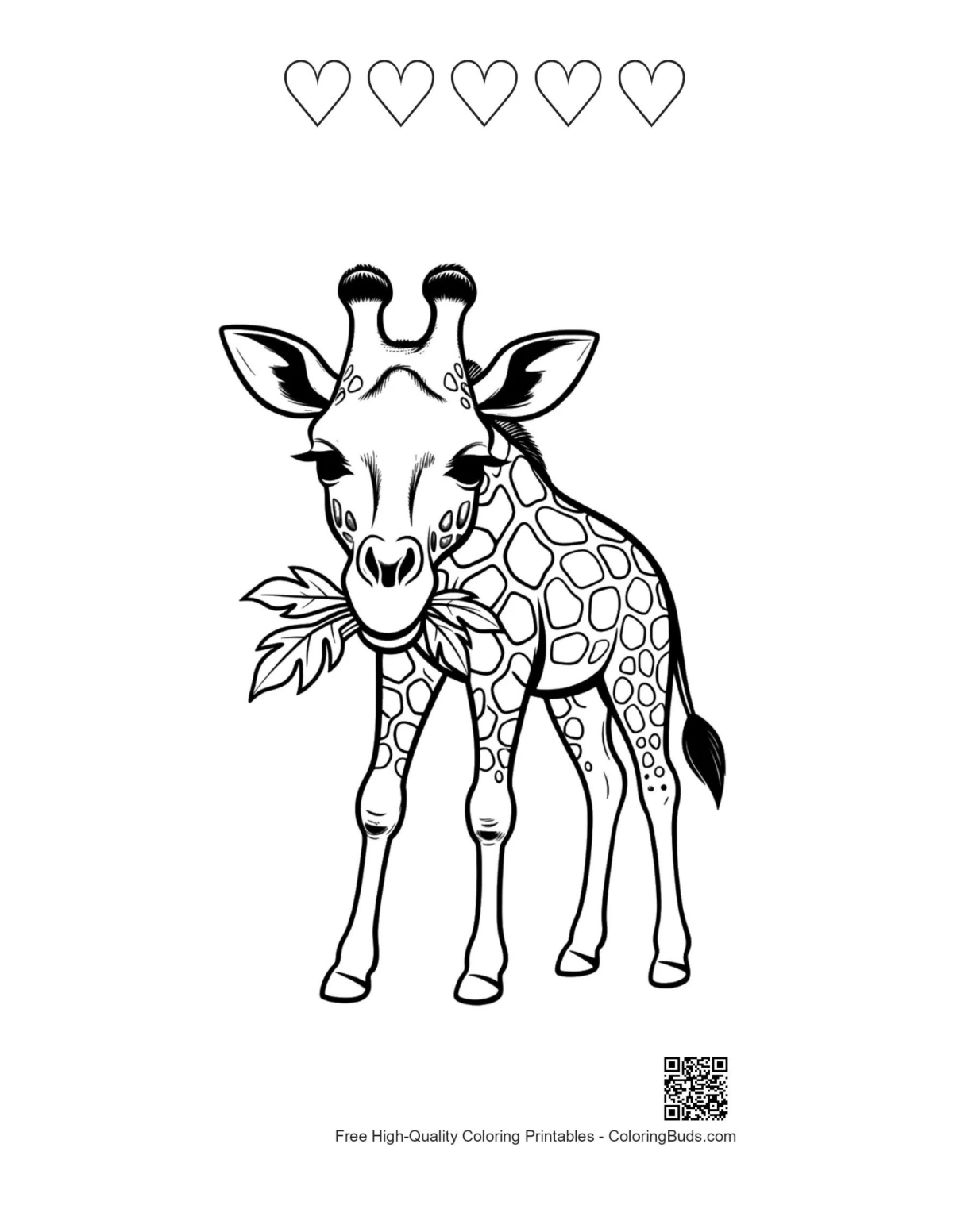 Baby giraffe munching leaves hearts printable
