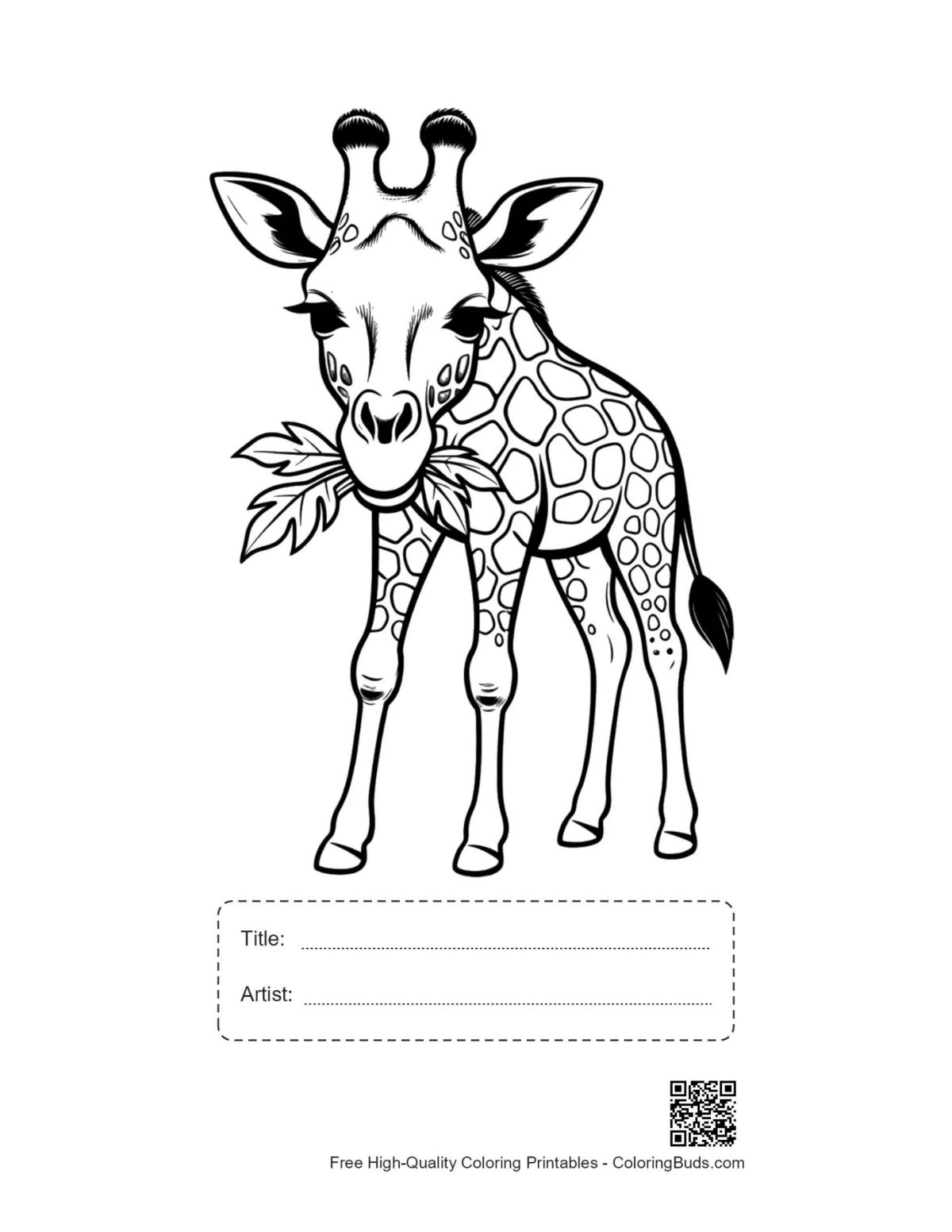 Baby giraffe munching leaves printable with title box