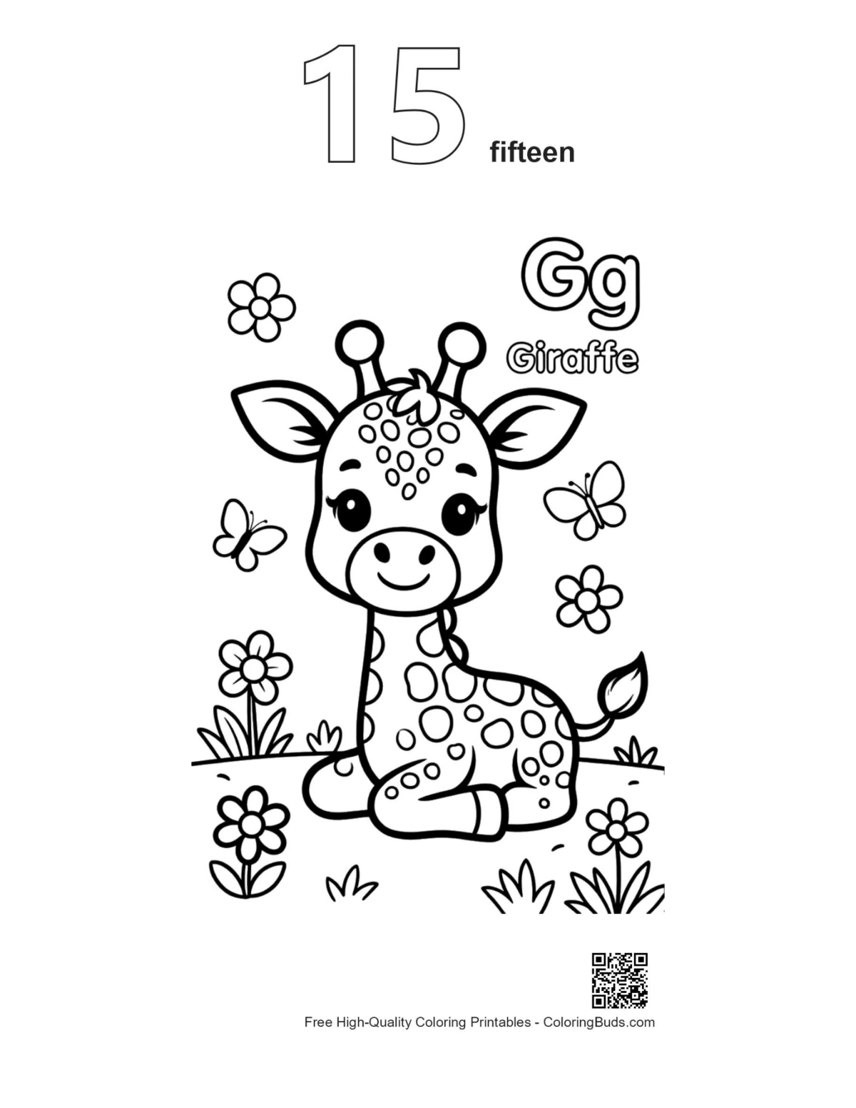 Baby giraffe outline numbered 15 printable