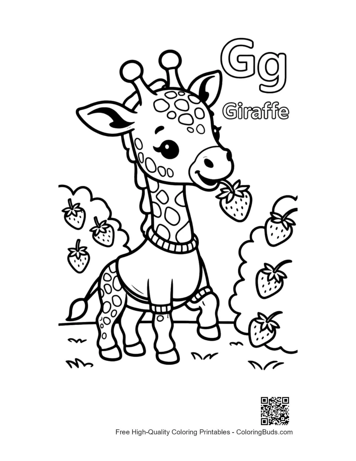Baby giraffe tasting sweet red strawberry coloring printable