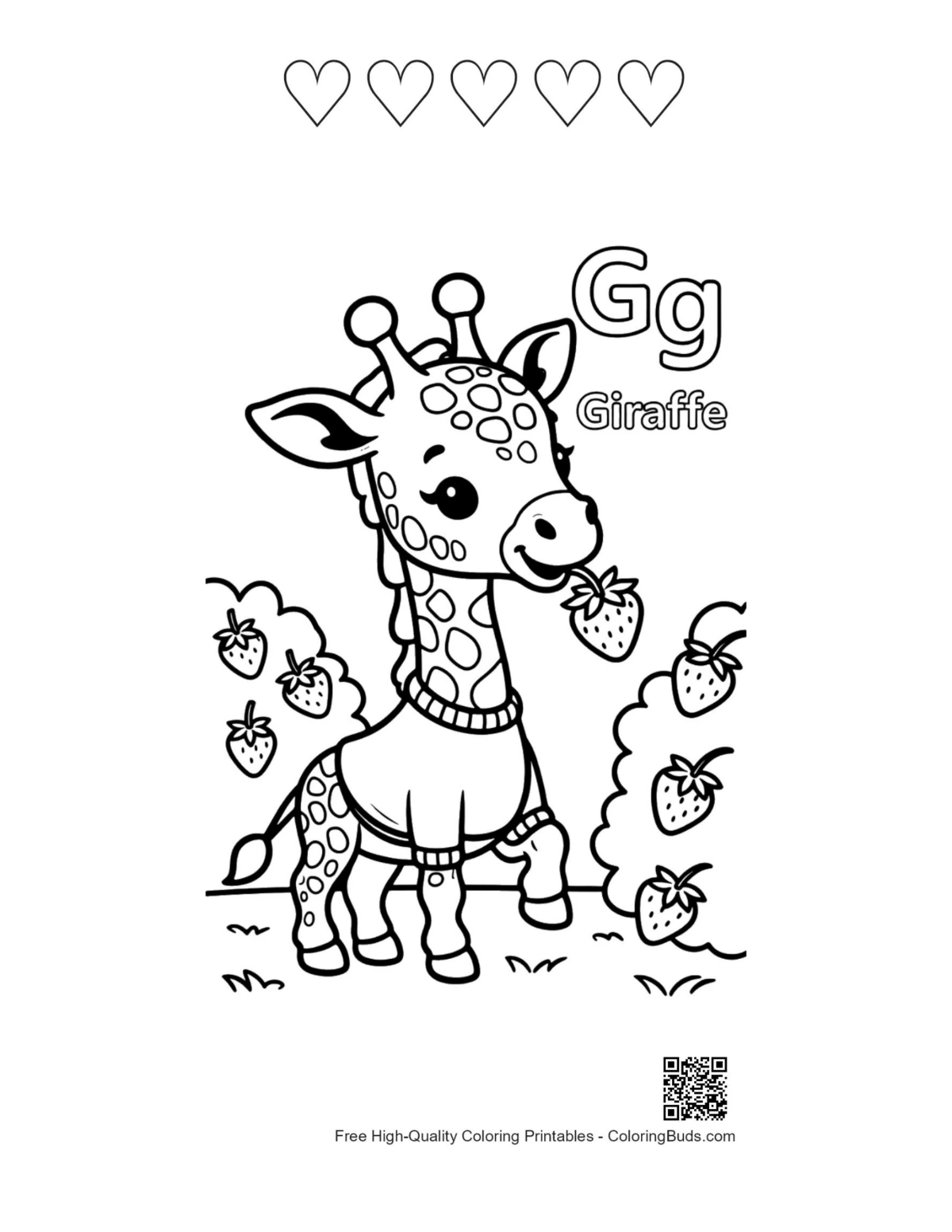 Baby giraffe strawberry printable with 5 hearts