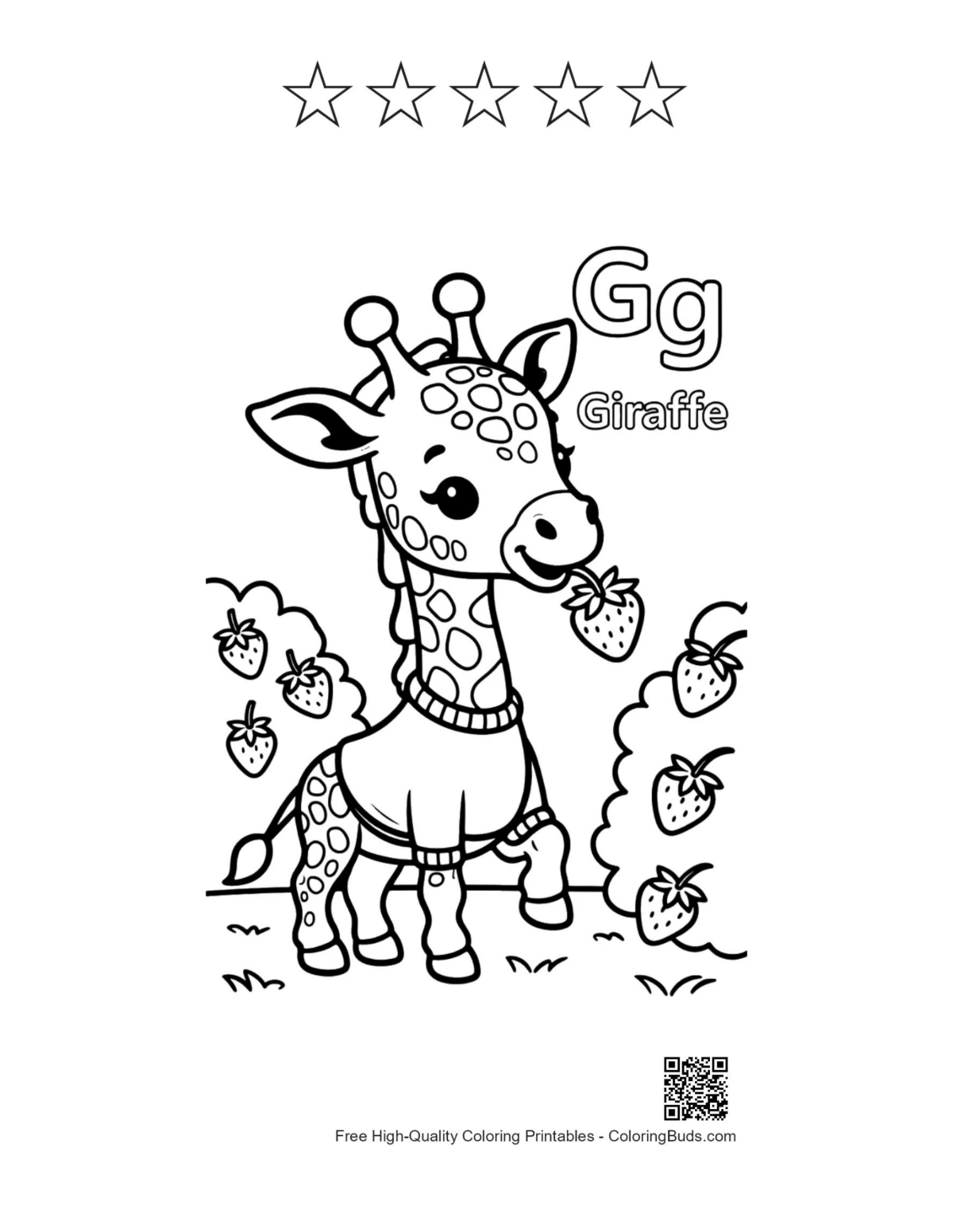 Baby giraffe strawberry printable with 5 star outline