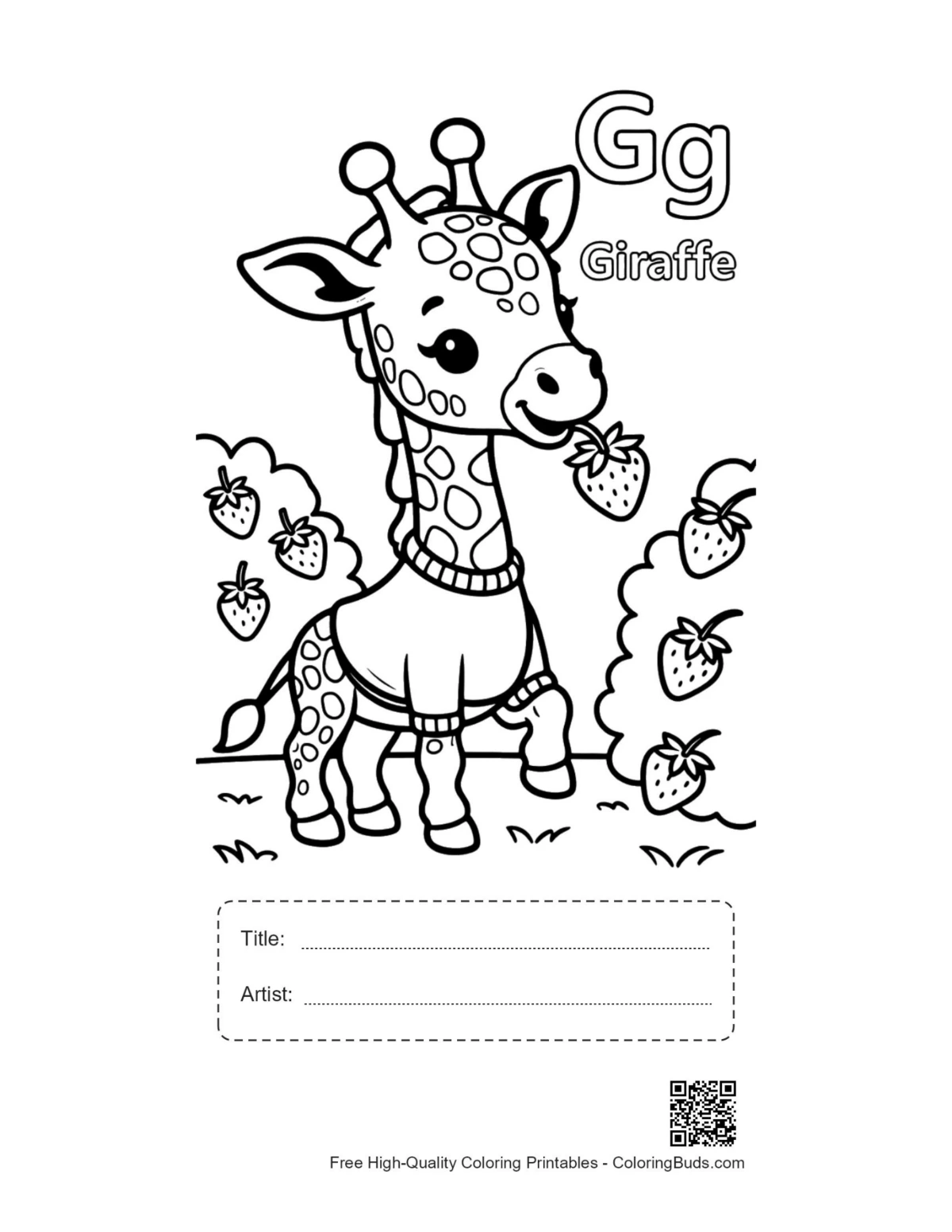 Baby giraffe strawberry printable with title artist box