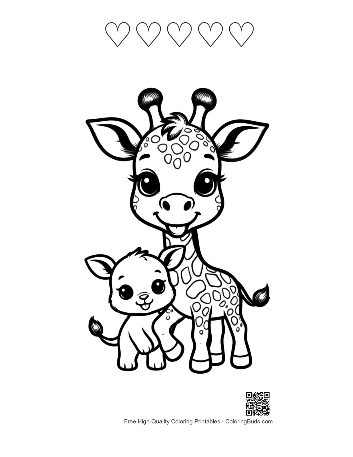 Cute baby giraffe hugging mama heart outlines