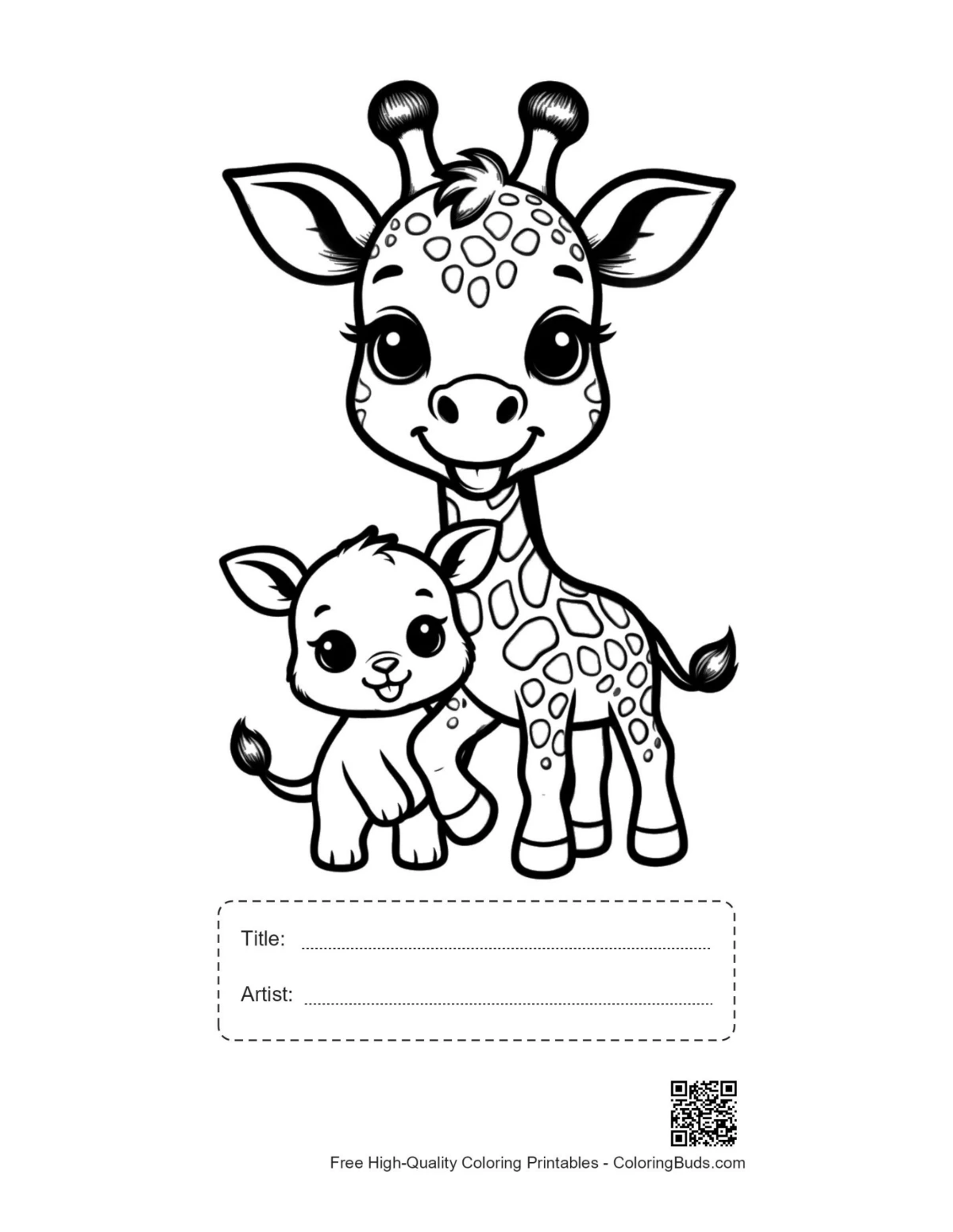 Cute baby giraffe hugging mama printable with title