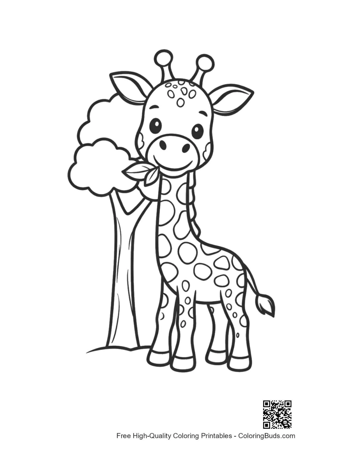 Cute baby giraffe sitting peacefully in grass coloring printable