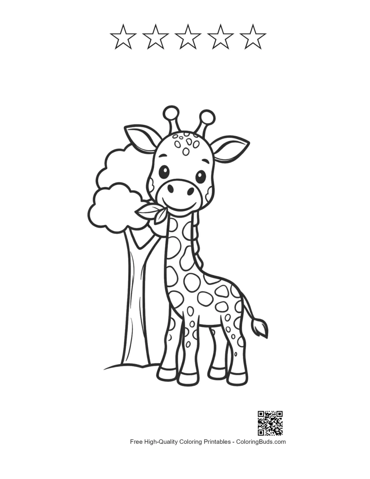 Cute giraffe printable with 5 star outlines in grass