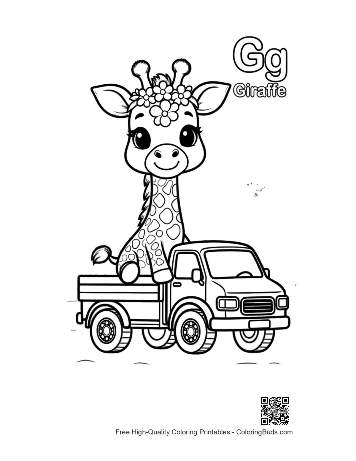 Cute giraffe calf driving small car coloring page