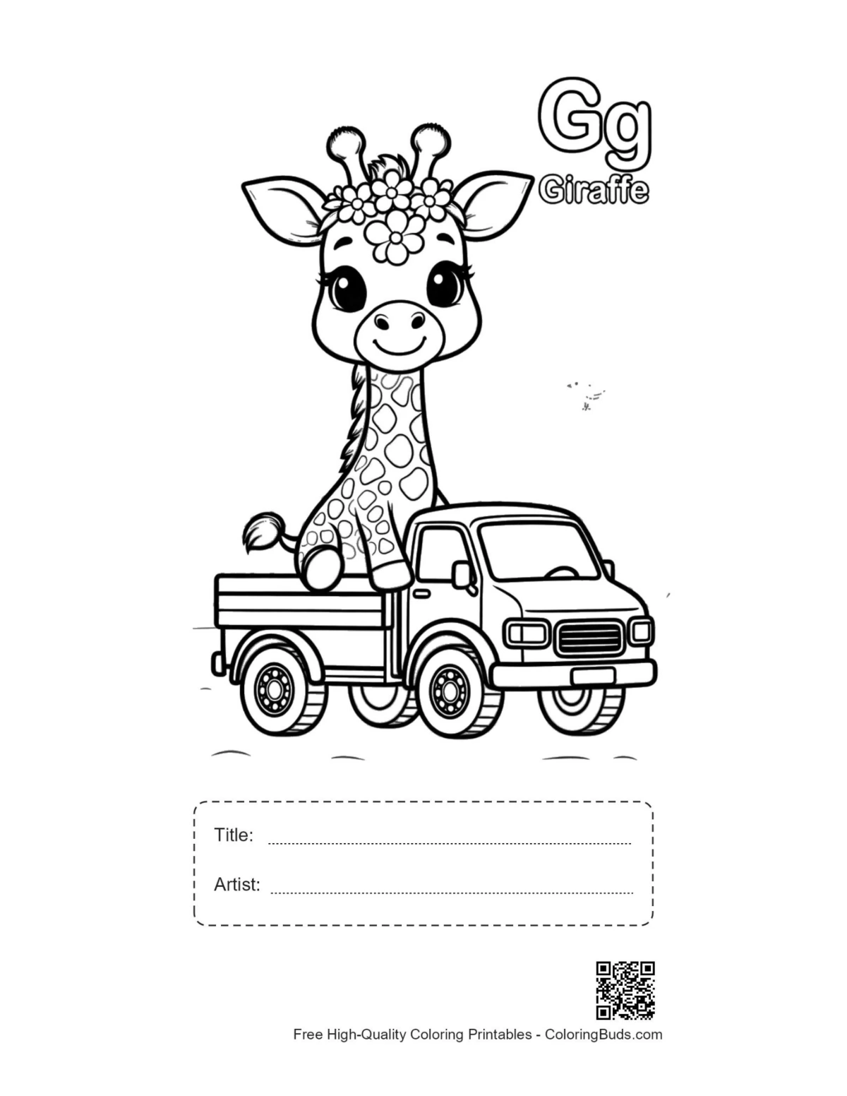 Cute giraffe calf in car printable with title box