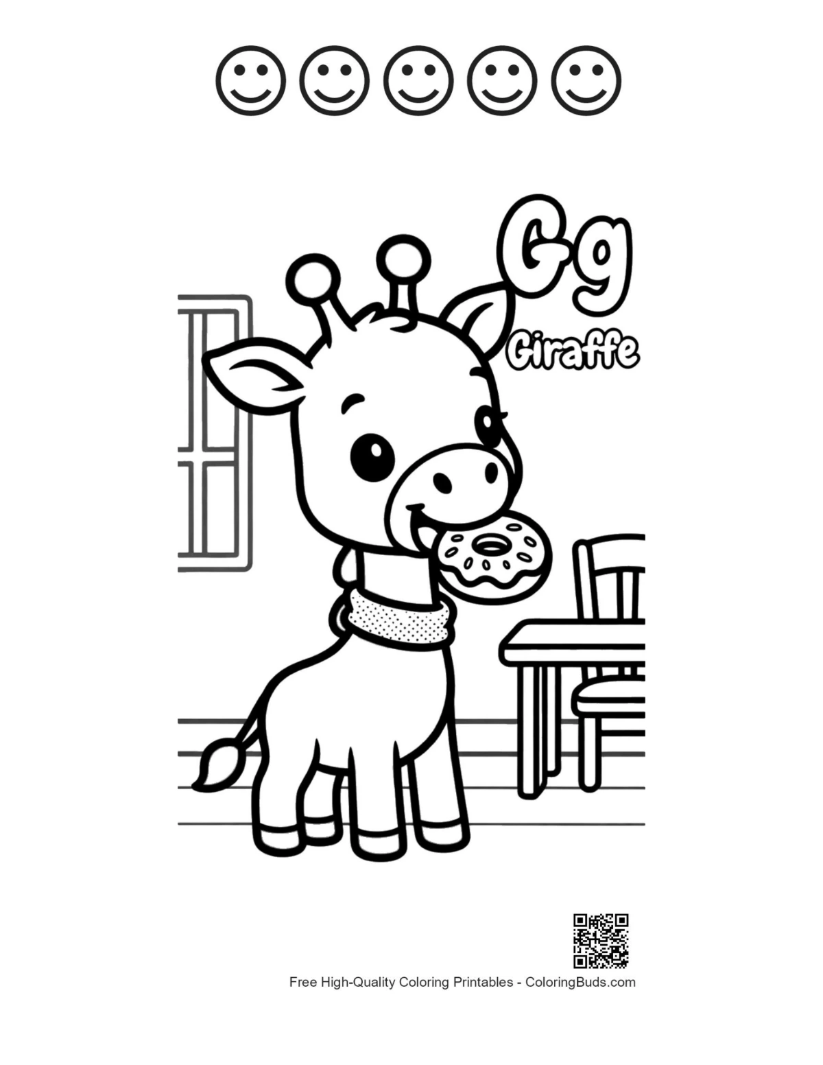Giraffe eating leaves coloring printable with happy faces