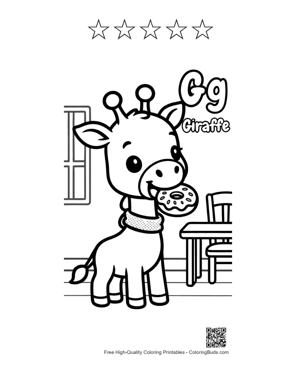 Cute giraffe eating leaves printable with 5 stars outline