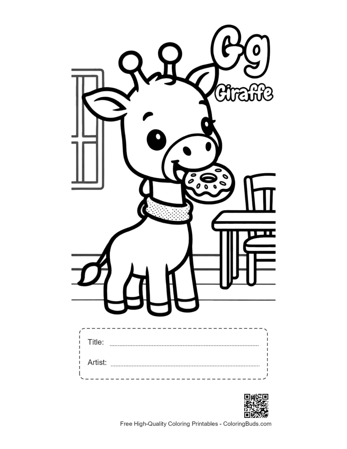 Cute giraffe eating leaves coloring printable with title box