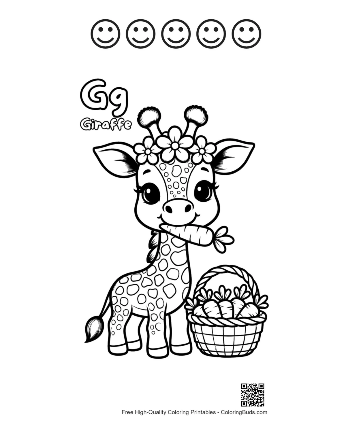 Cute giraffe eating leaves with happy faces outline