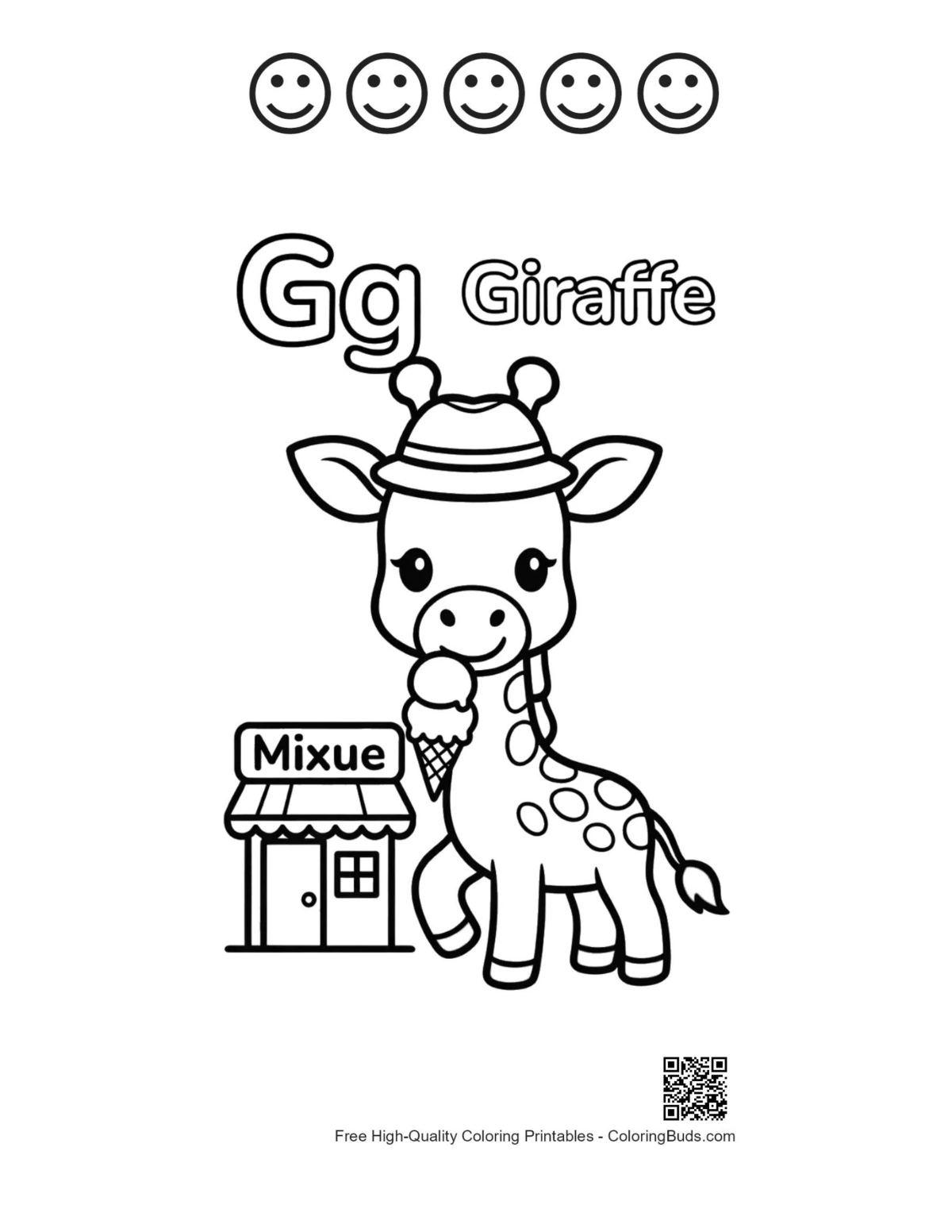 Cute giraffe eating leaves with 5 happy faces printable