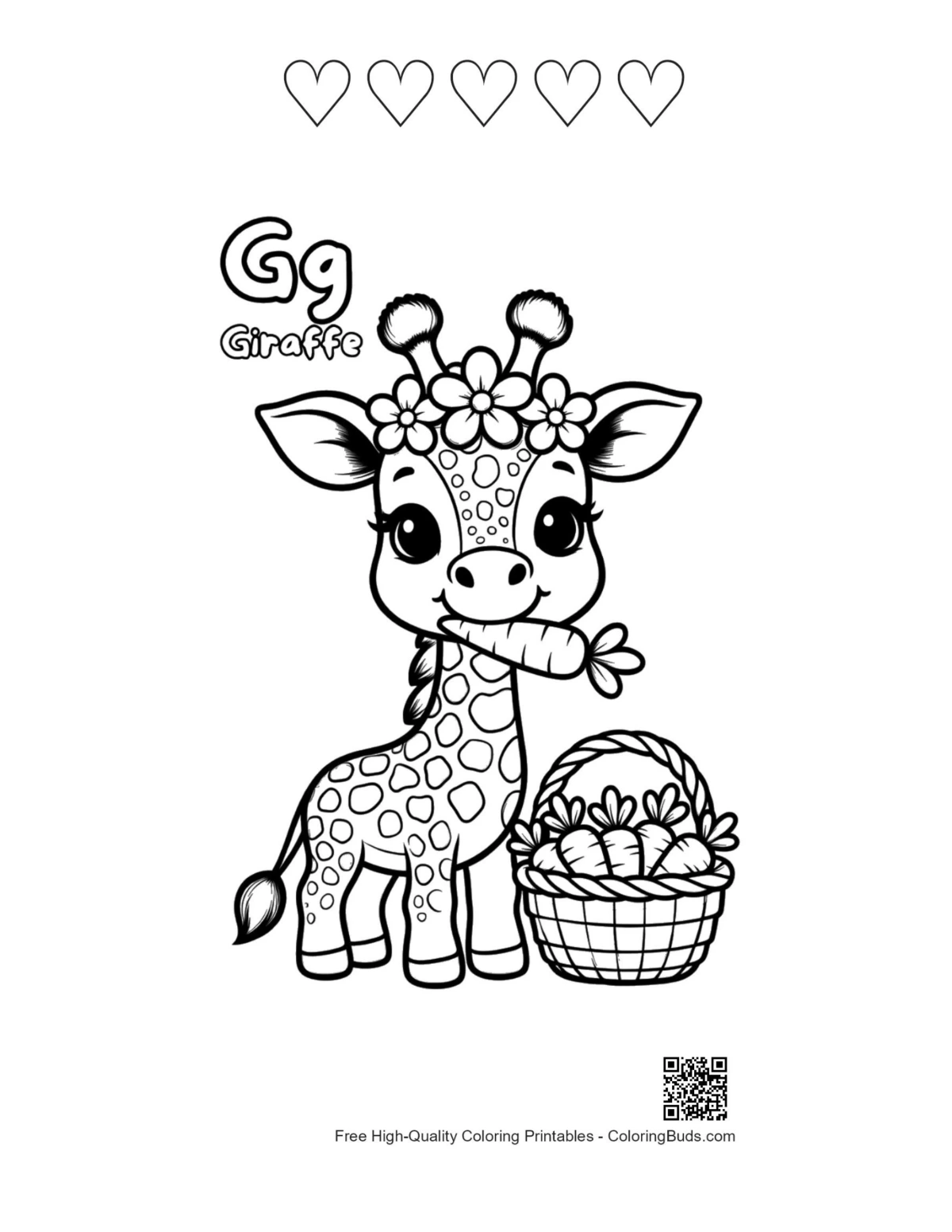 Cute giraffe eating leaves with 5 heart outlines
