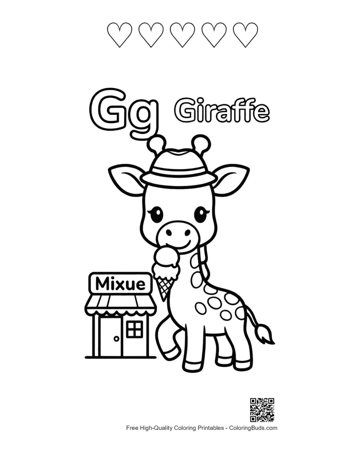 Cute giraffe eating leaves with 5 heart outlines printable
