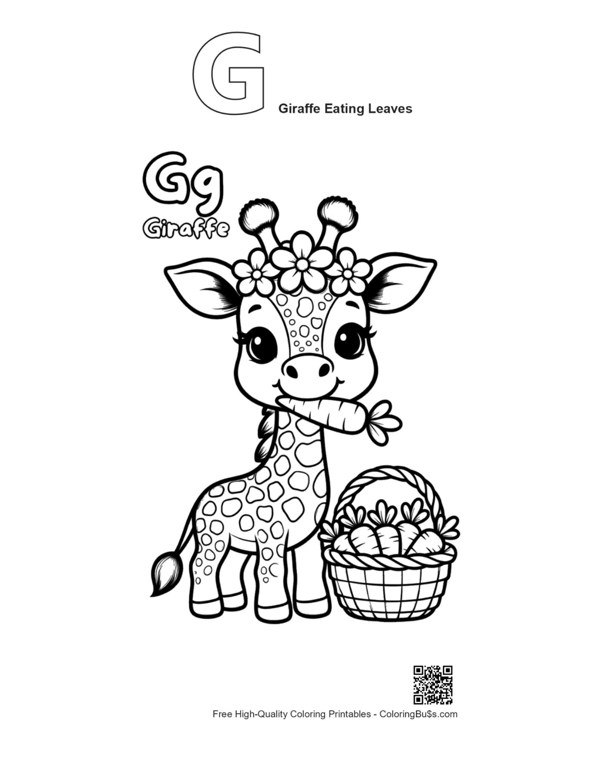 Cute giraffe eating leaves outline with alphabet G