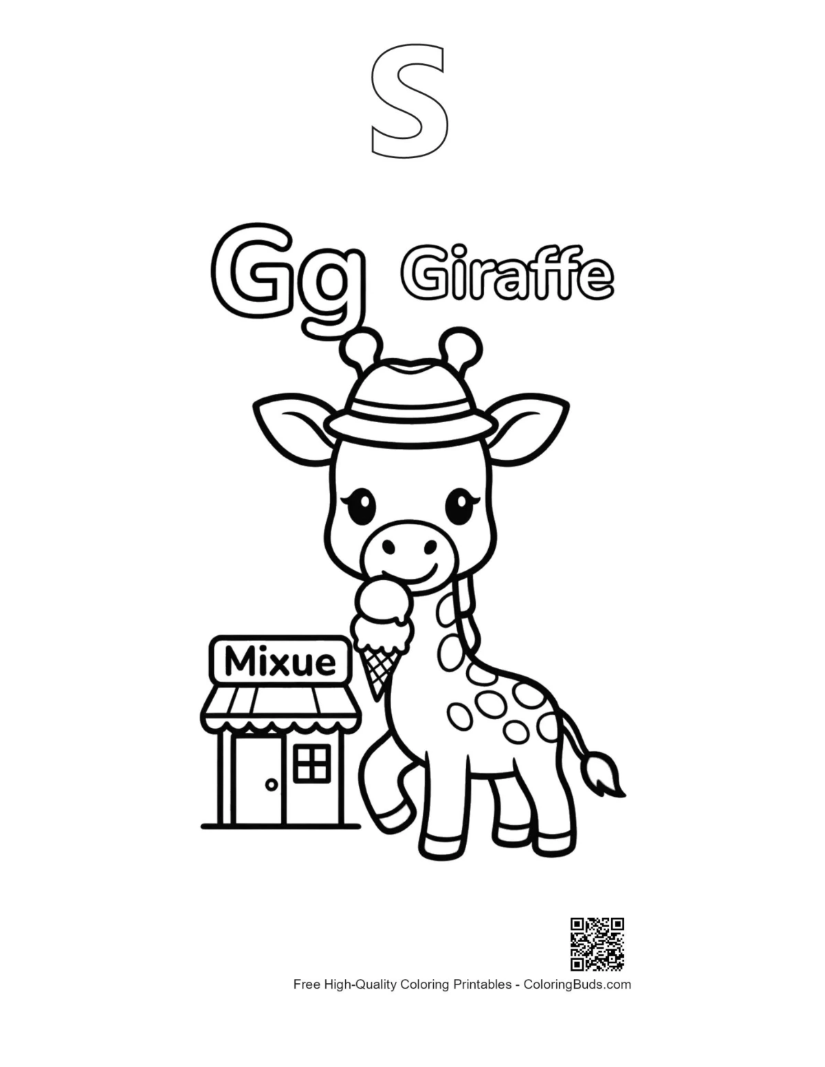 Giraffe eating leaves outline with alphabet S printable