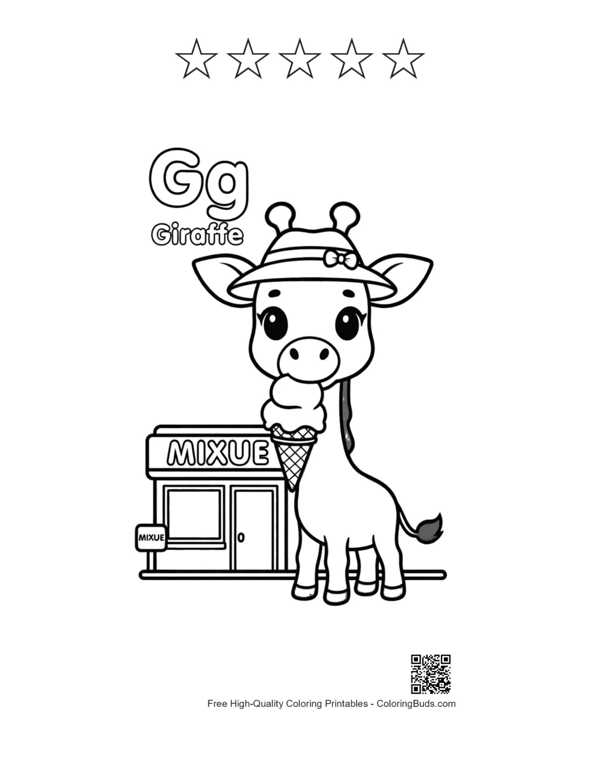 Cute giraffe leaves coloring with 5 stars outline