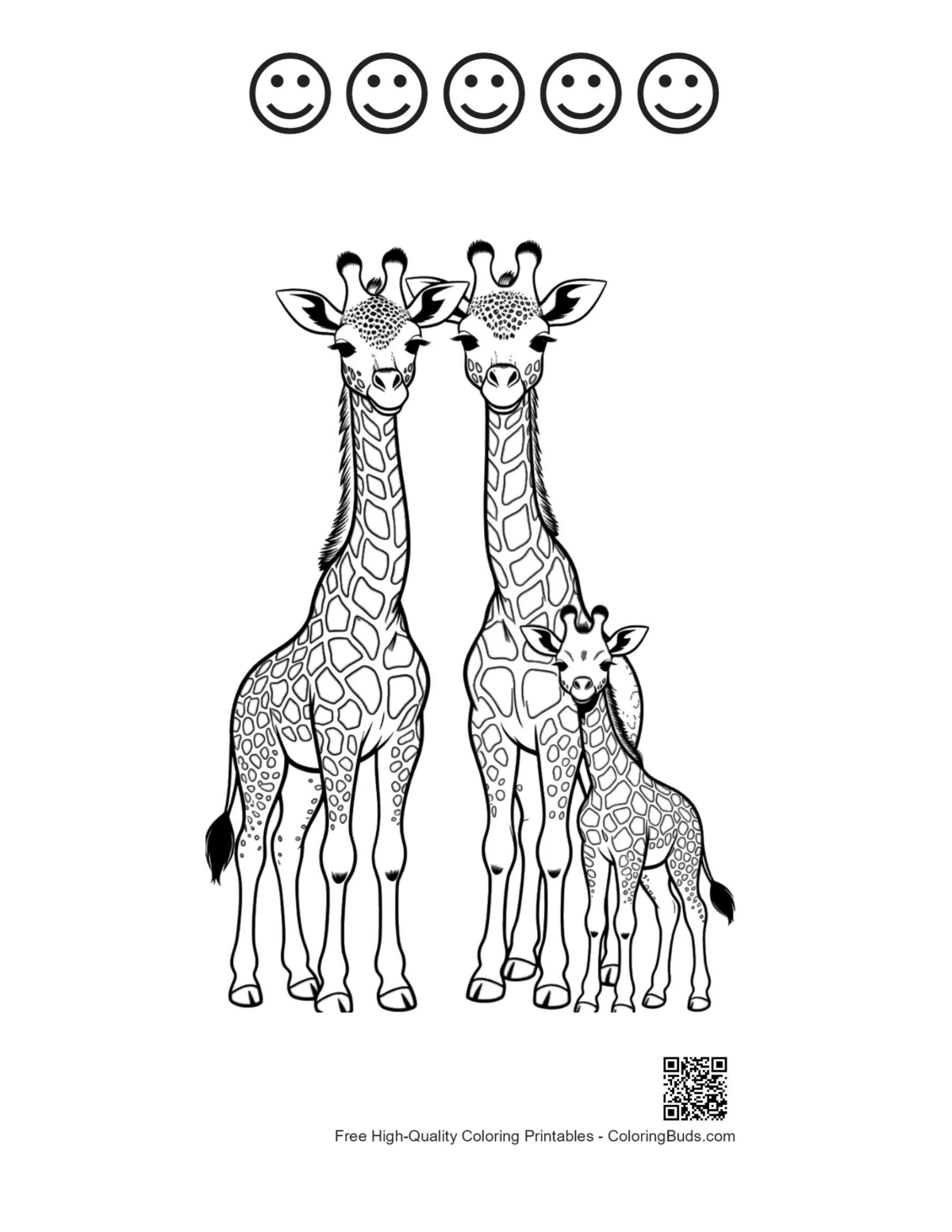 Cute giraffe family printable with 5 happy faces
