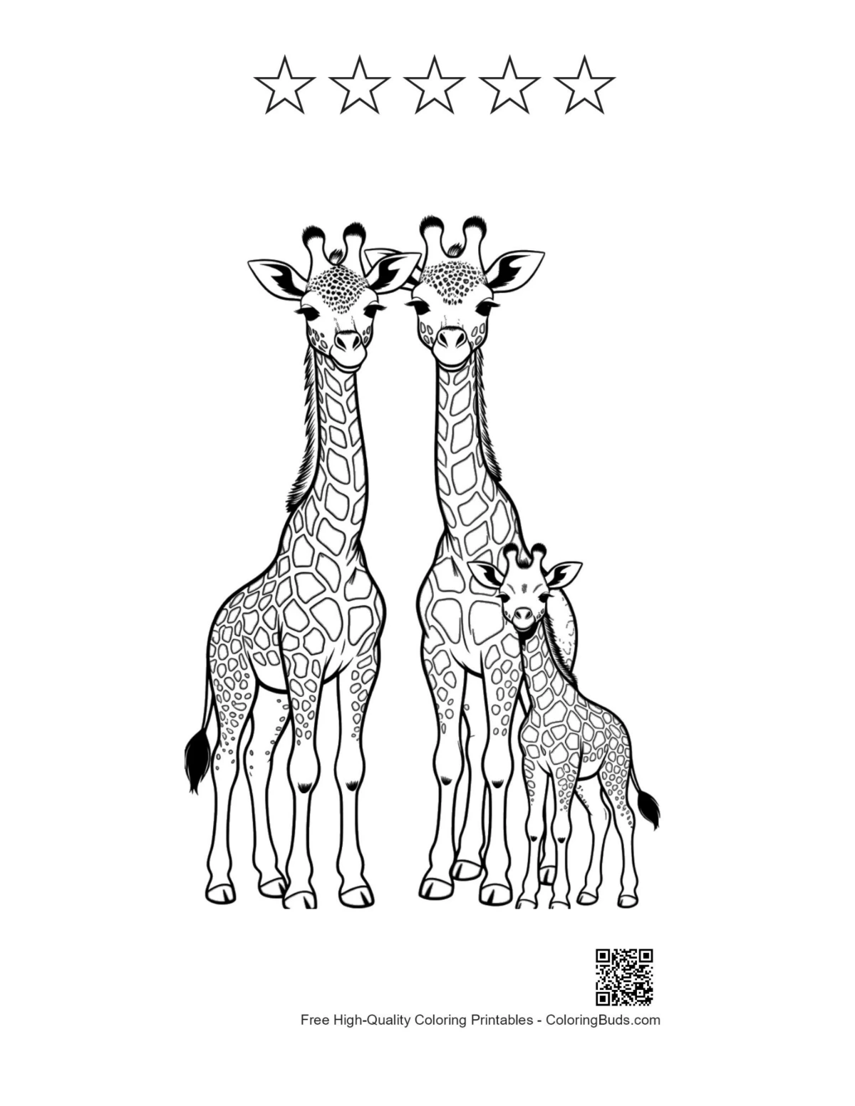 Cute giraffe family with 5 star outline printable