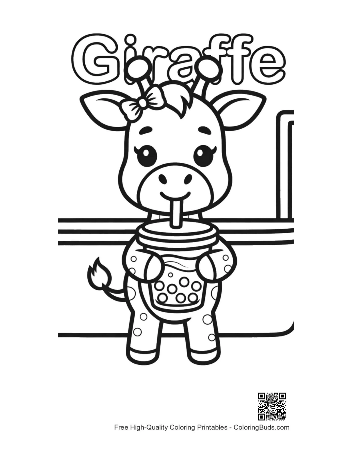 Cute giraffe holding tea cup printable coloring page