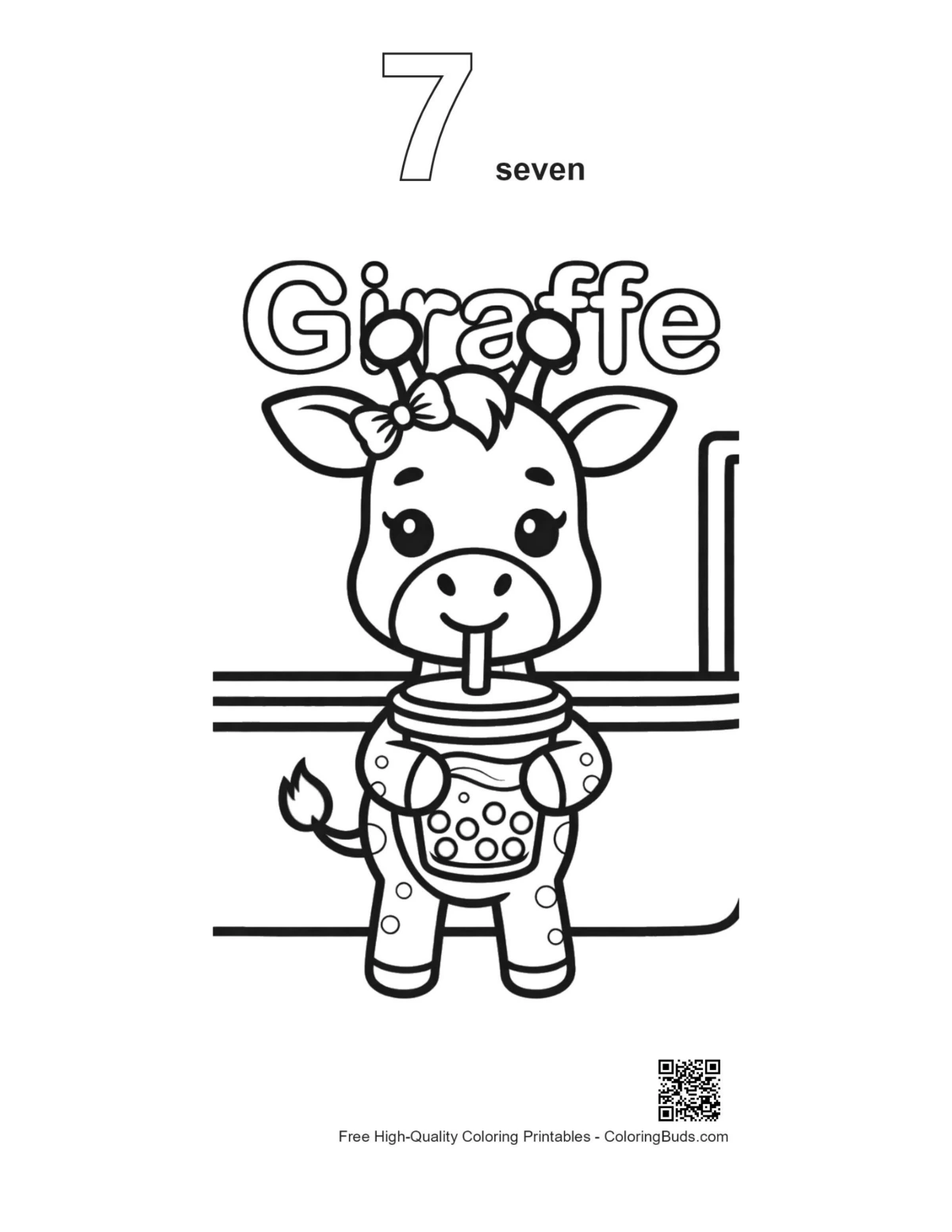 Giraffe tea printable outline with number 7
