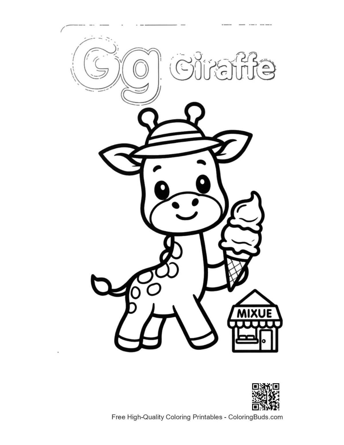Cute giraffe in hat holding ice cream printable