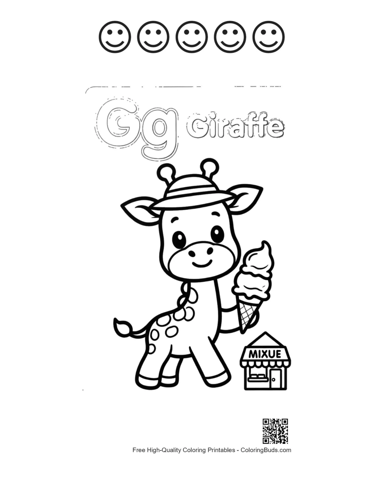 Giraffe hat ice cream with 5 happy face outlines printable
