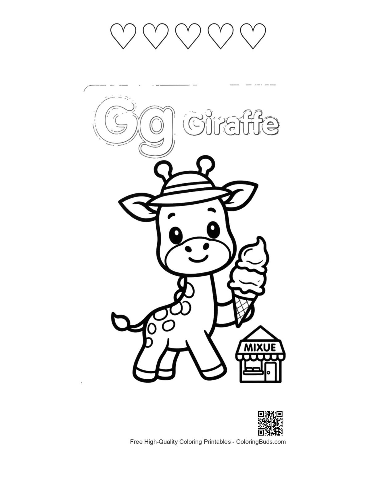 Cute giraffe printable with hat ice cream 5 hearts