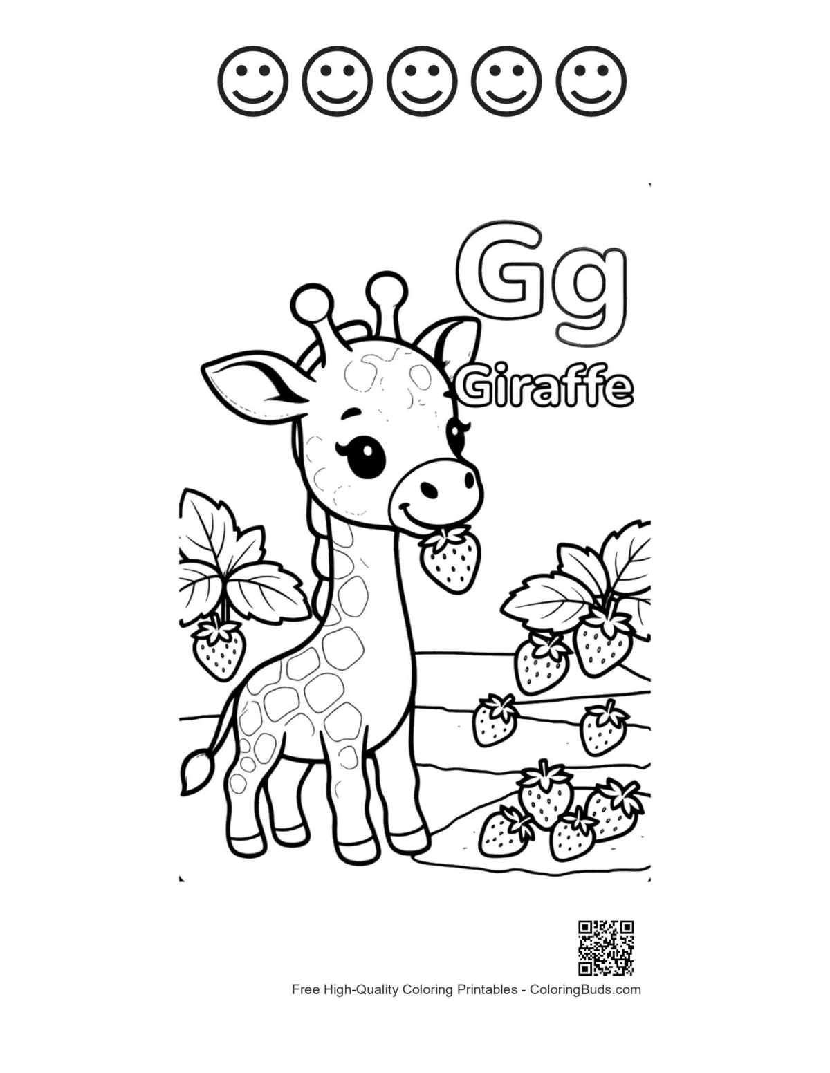 Cute giraffe strawberries printable with 5 happy faces