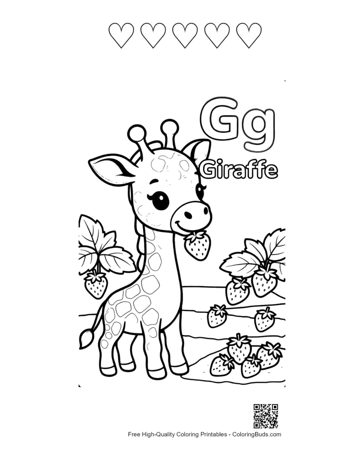 Cute giraffe strawberries printable with 5 heart outlines