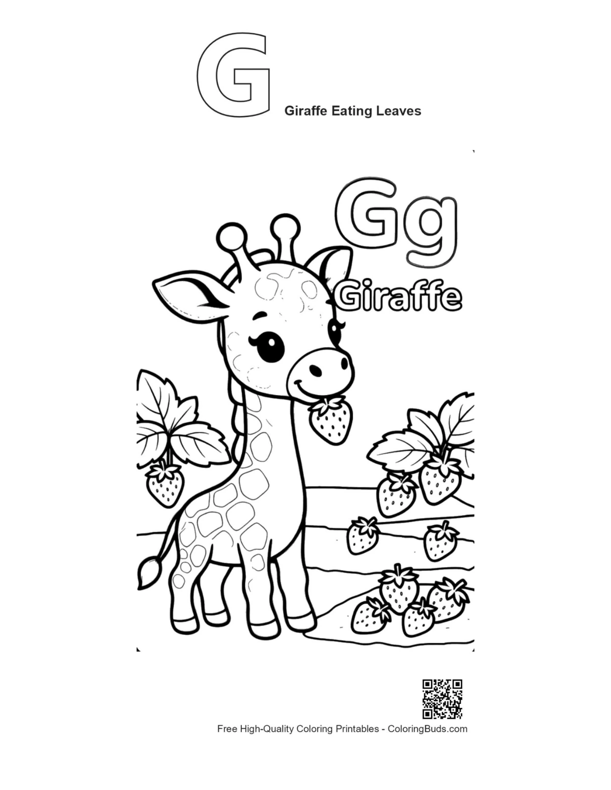 Giraffe strawberries printable with alphabet G outline Giraffe Eating Leaves
