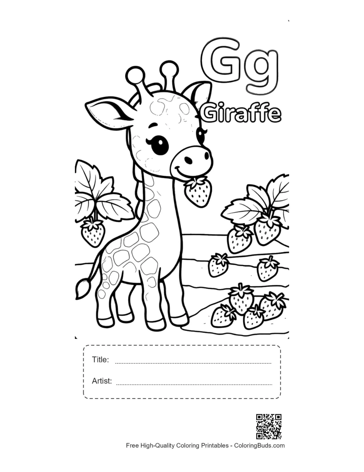 Cute giraffe strawberries printable with title artist box