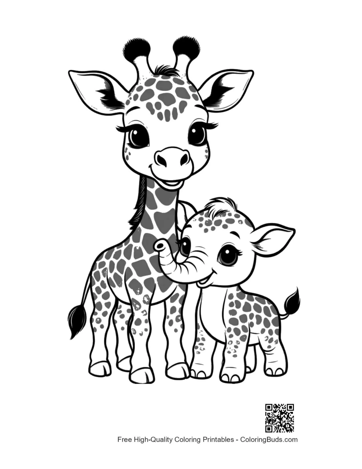 Cute giraffe mom hugging baby elephant