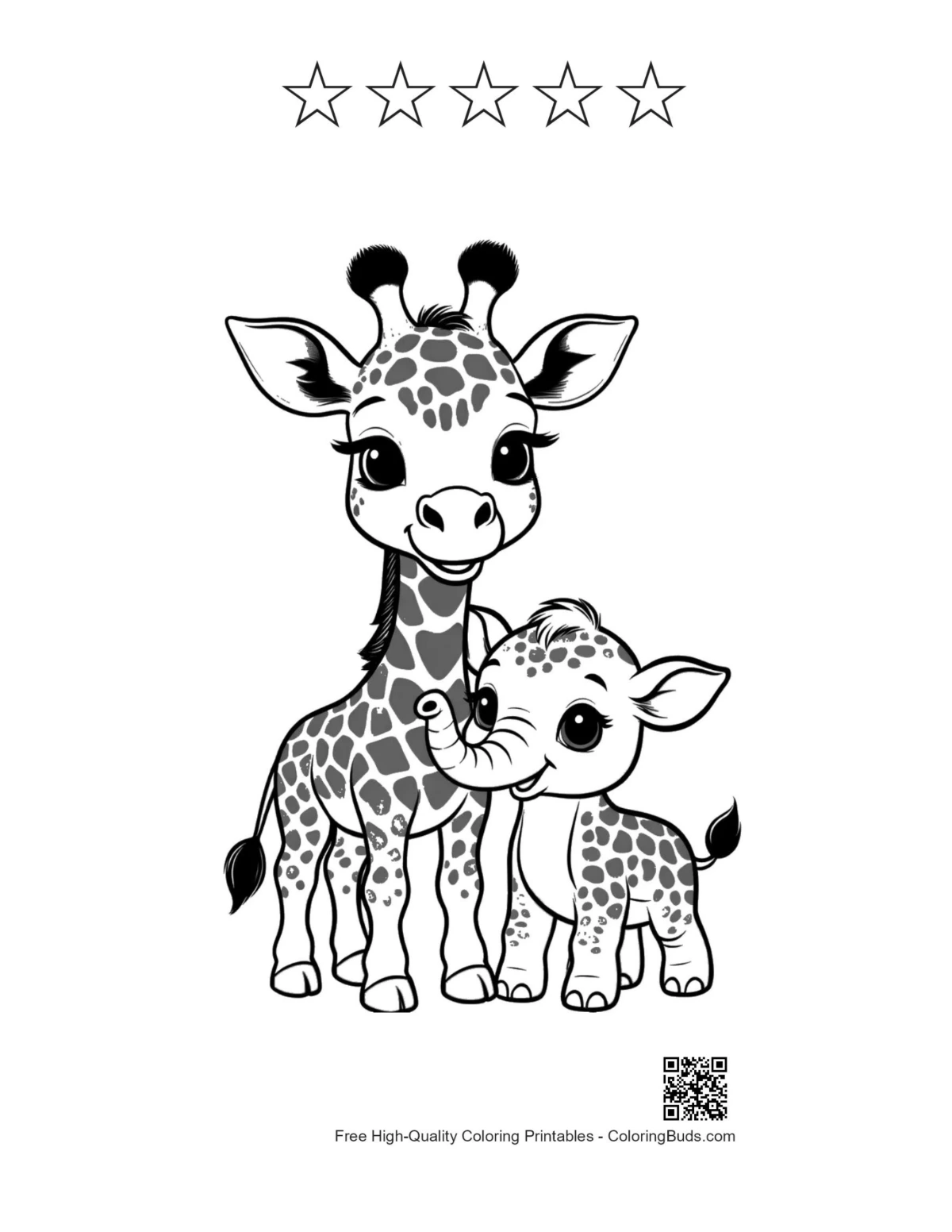 Cute giraffe printable with 5 star outlines