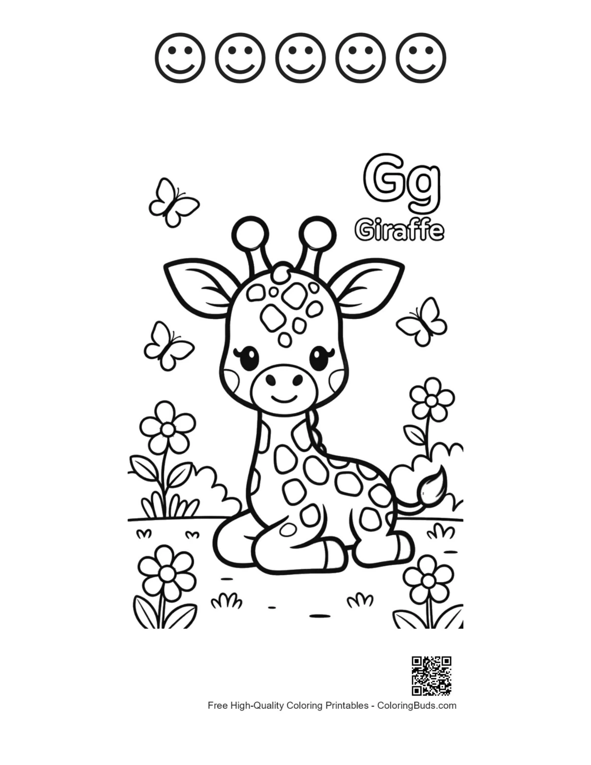 Cute giraffe and five happy faces outline printable