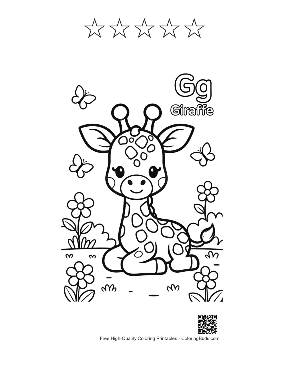 Cute giraffe with five star outlines printable sheet