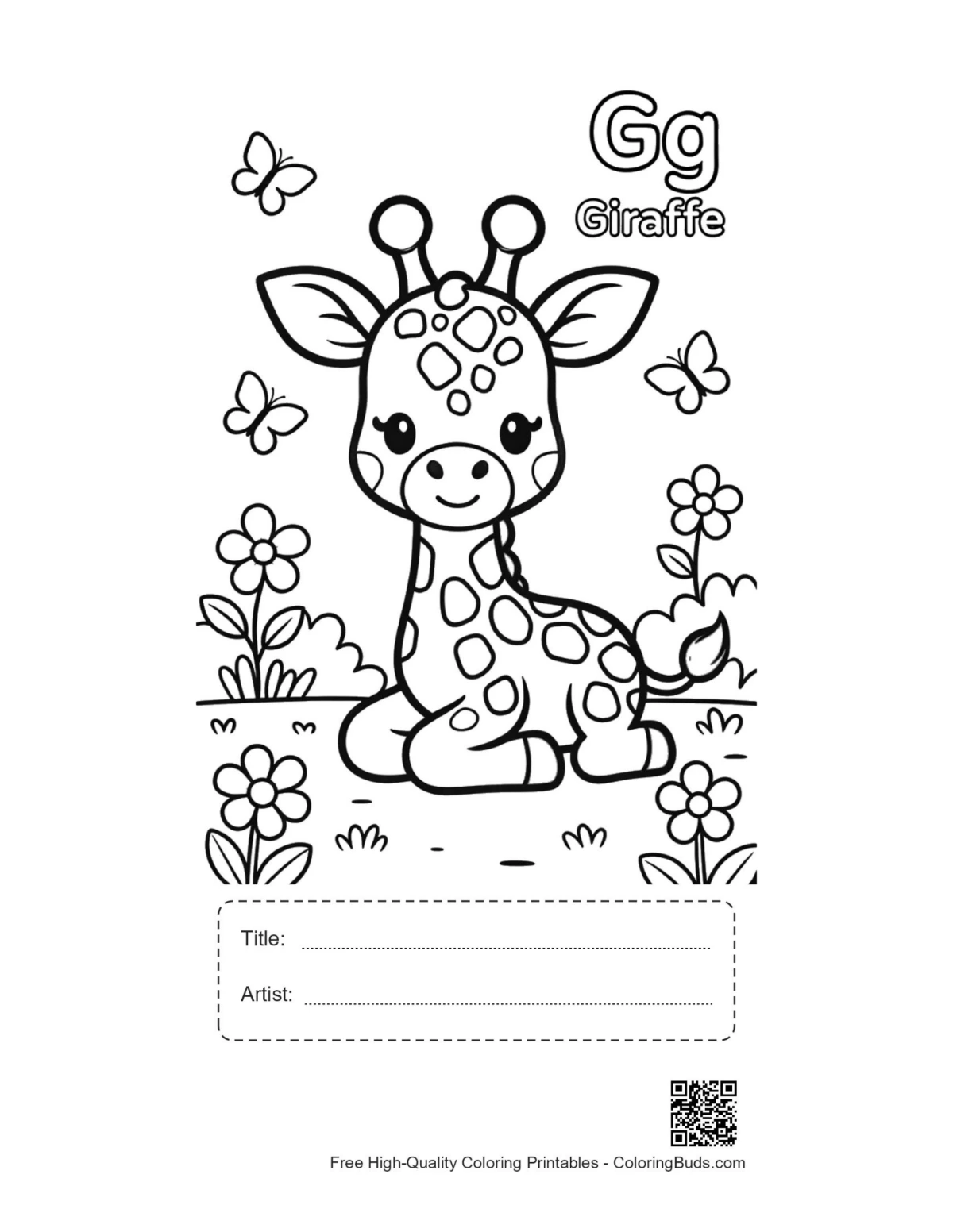 Cute giraffe printable with title and artist box
