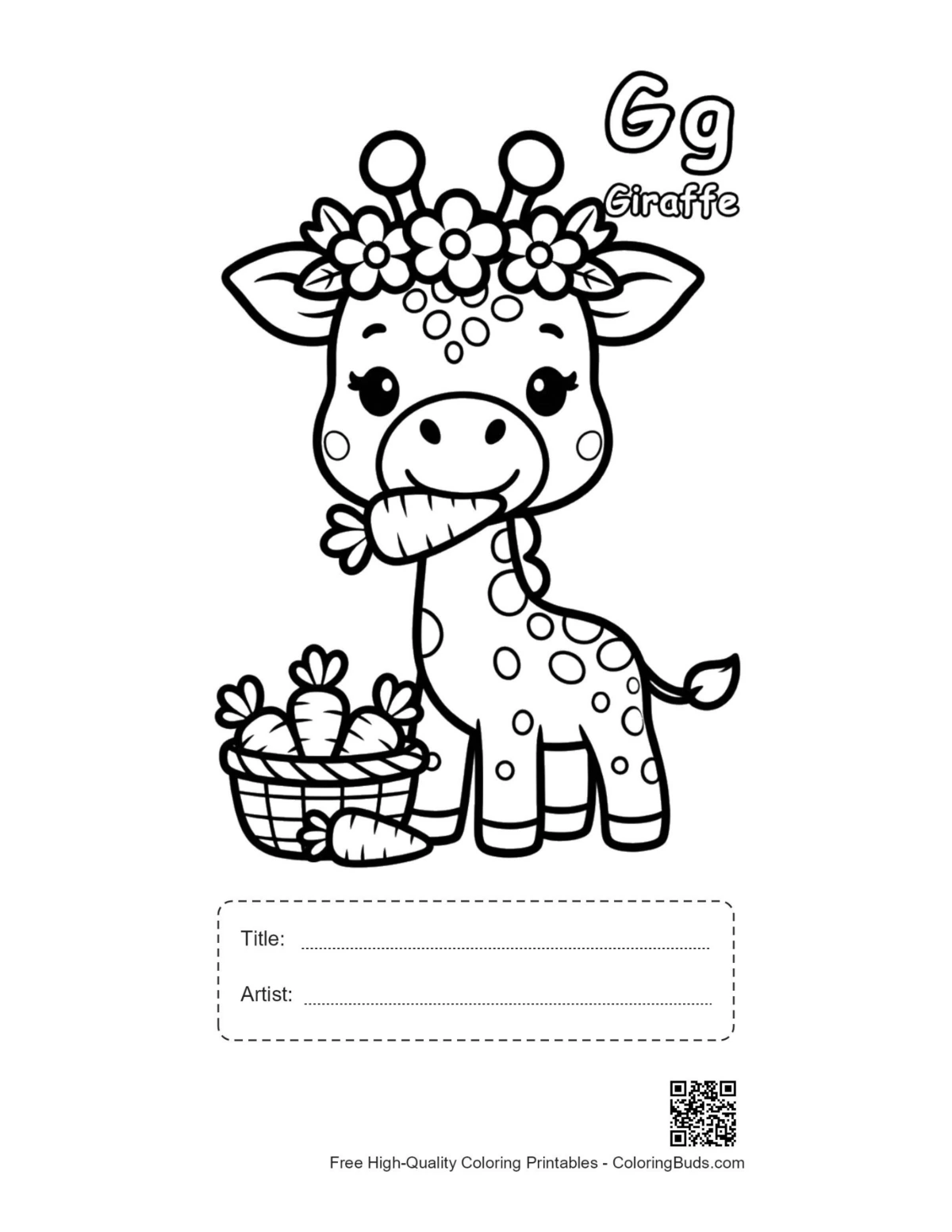 Cute giraffe eating carrots printable with title box