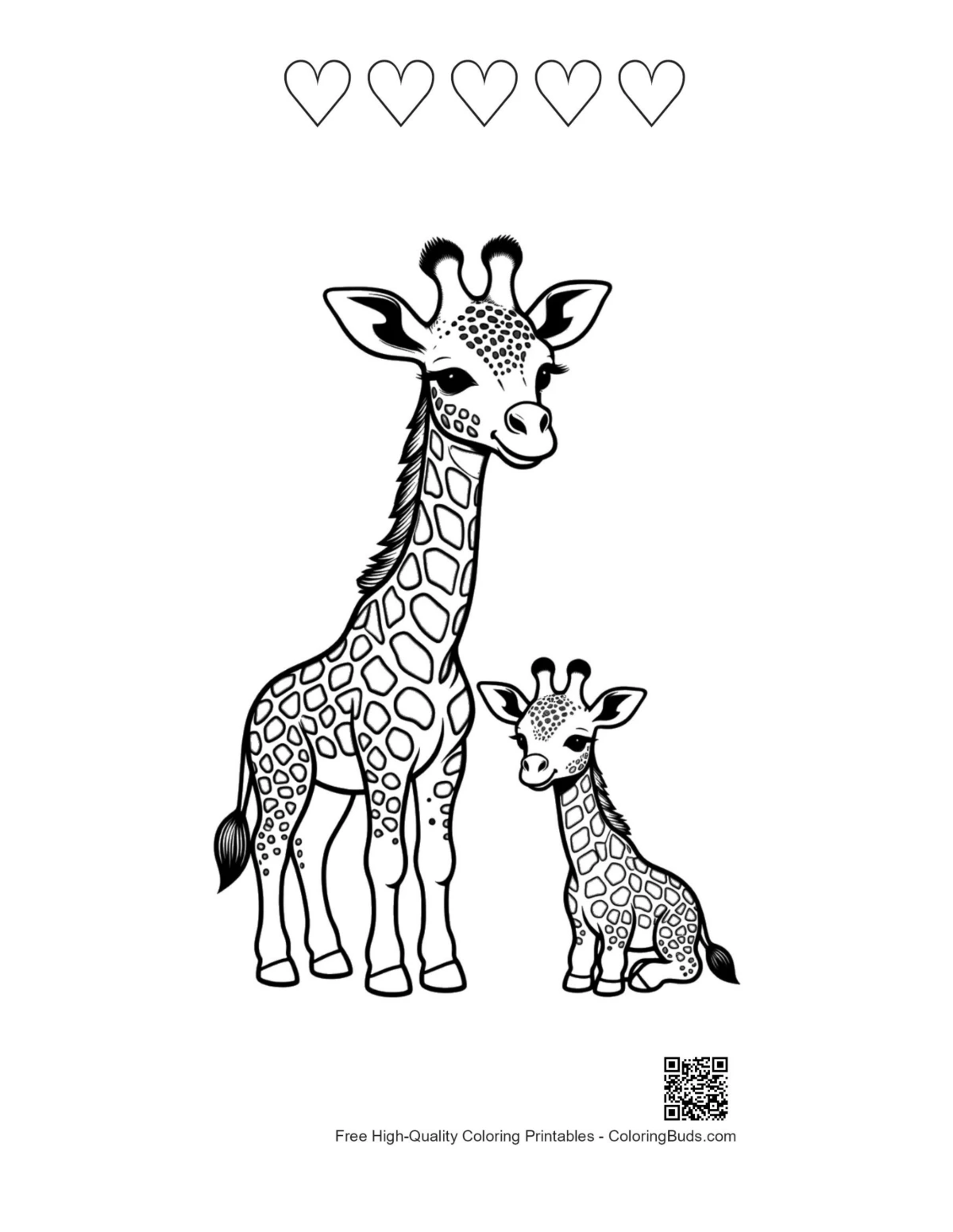 Giraffe family with 5 heart outlines