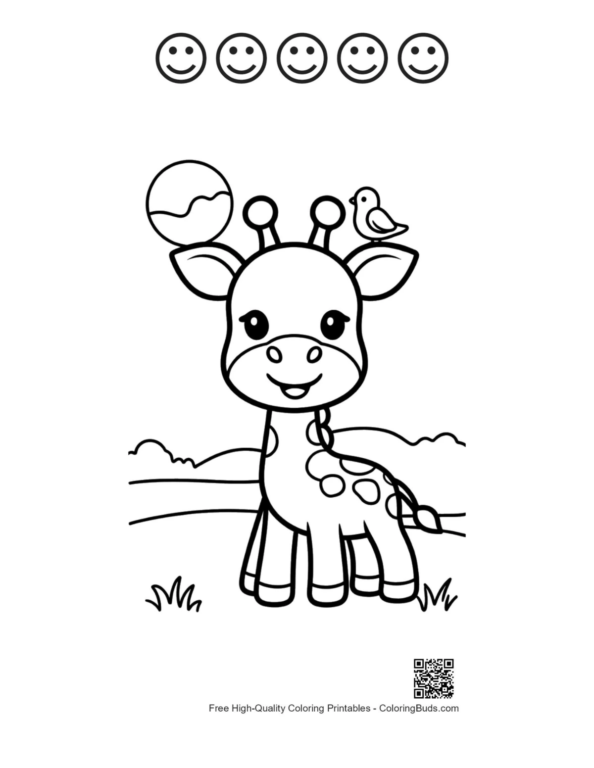 Cute giraffe and 5 happy faces outline printable for kids