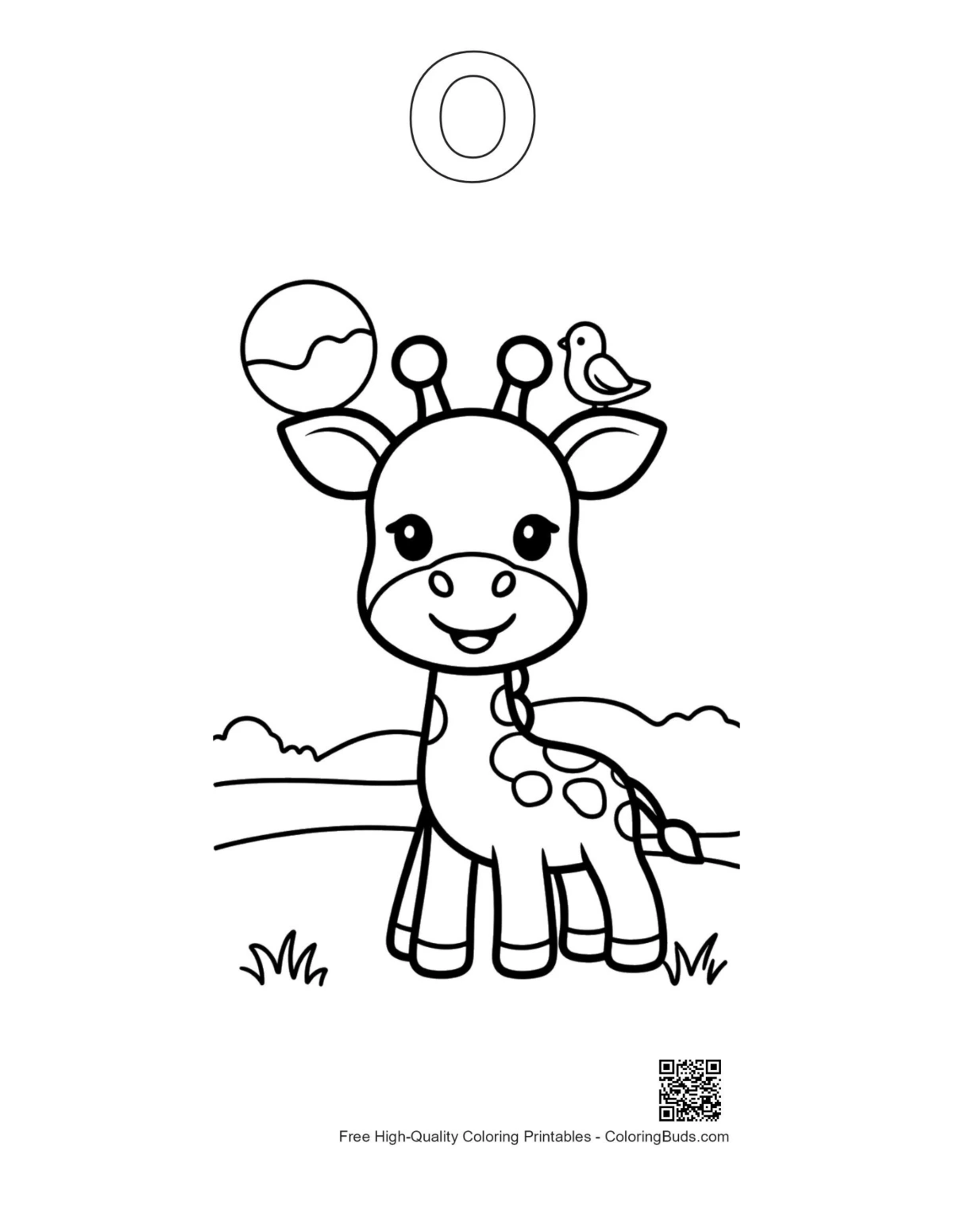 Cute giraffe alphabet O outline printable for kids coloring