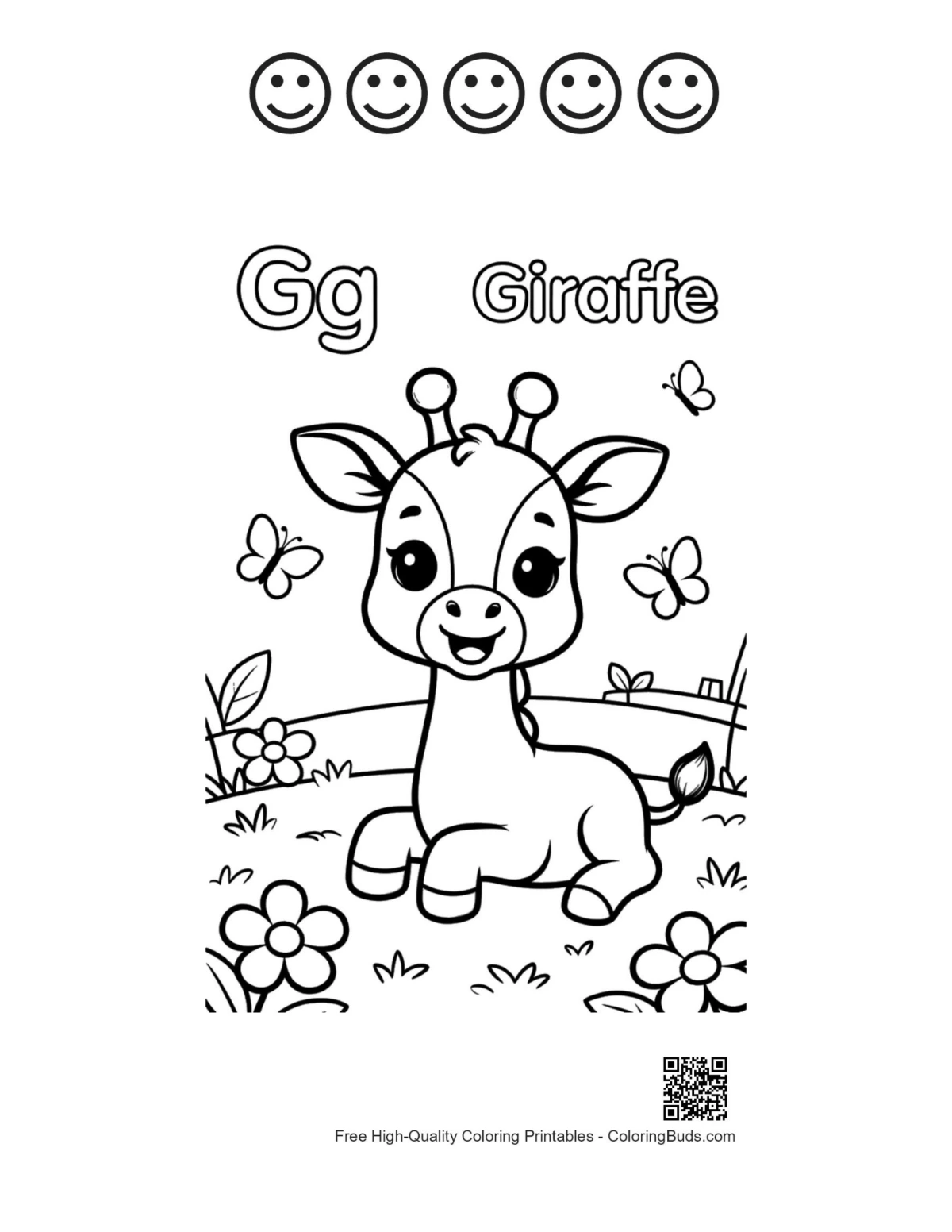 Cute giraffe 5 happy faces outline coloring printable