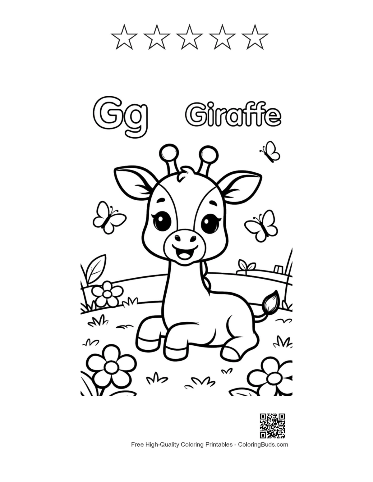 Cute giraffe with 5 stars outline printable download
