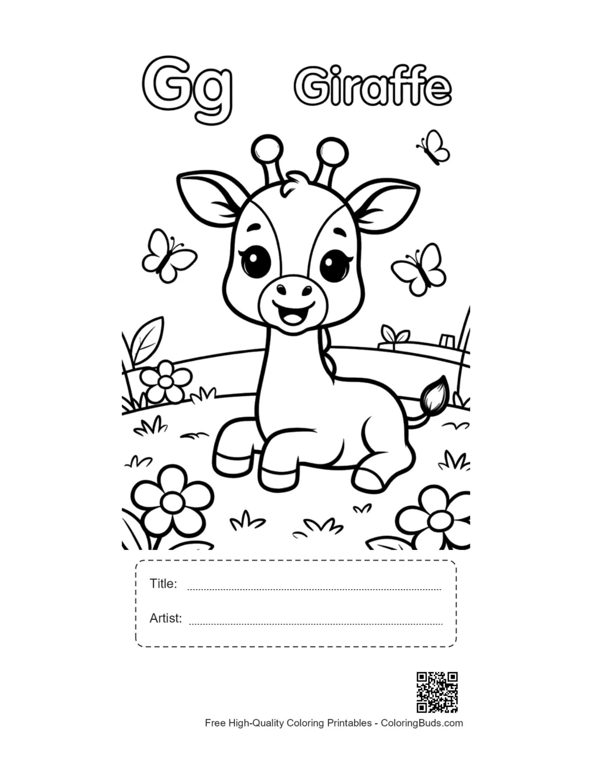 Cute giraffe printable with title artist box coloring sheet