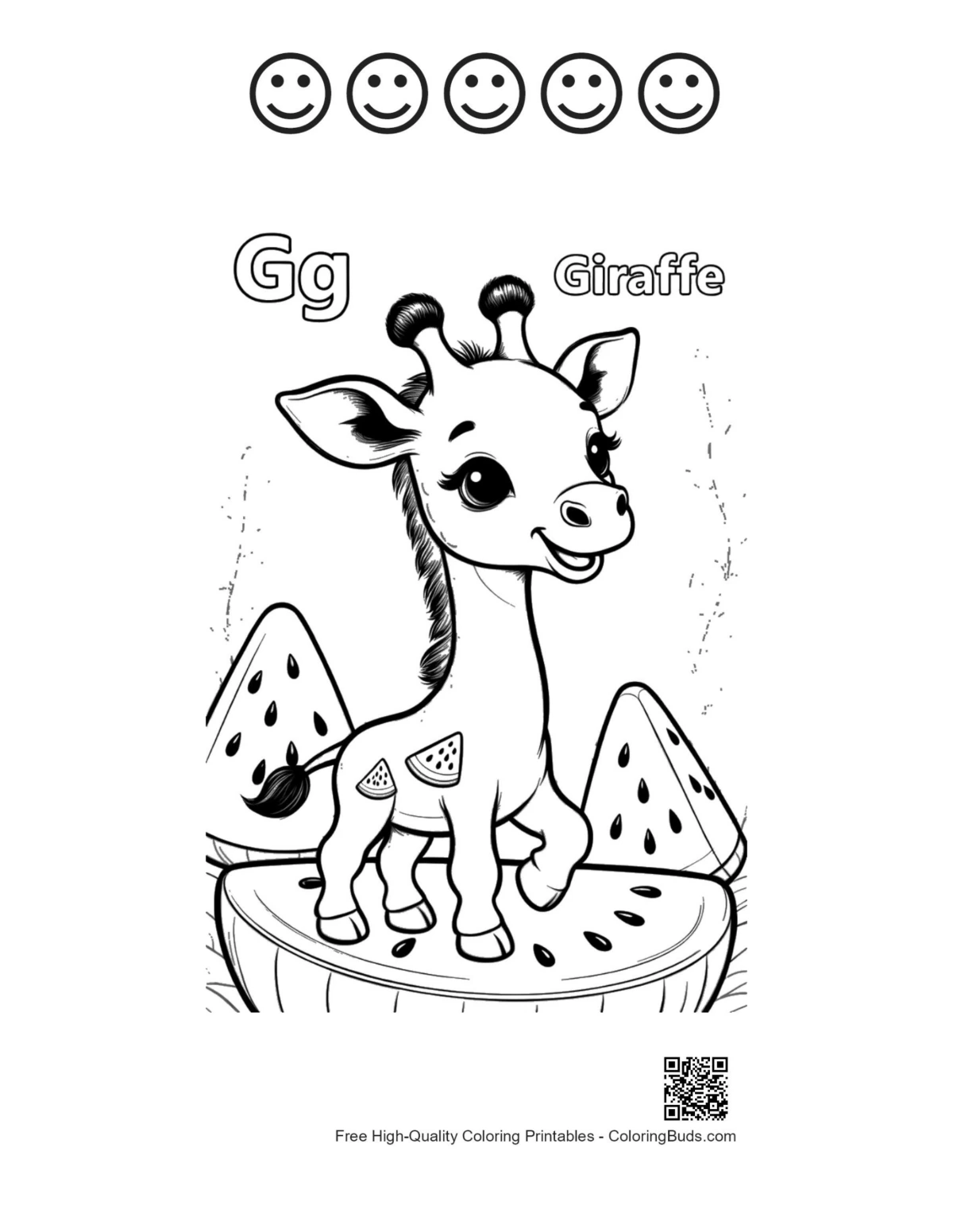 Giraffe eating leaves coloring with 5 happy faces
