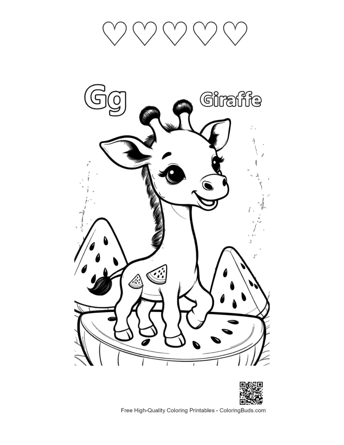 Giraffe eating leaves sheet with 5 heart outlines