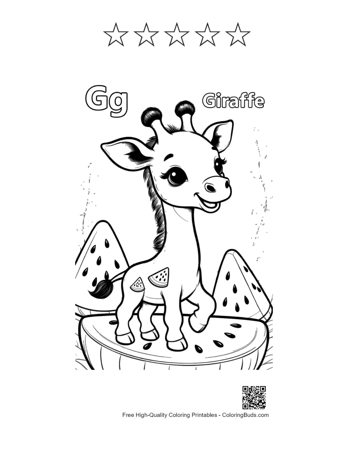 Giraffe eating leaves printable with 5 star outlines